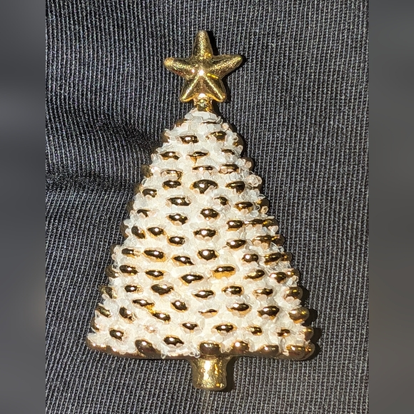 Vintage Donni Flocked Christmas Tree Brooch Porcelain Gold Tone - Picture 8 of 10